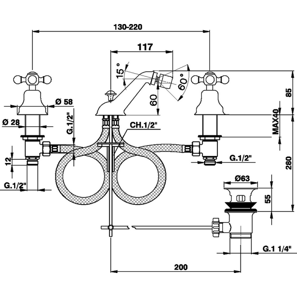 CISAL Arcana Ceramic Смеситель для биде на 3 отверстия с донным клапаном, цвет золото
