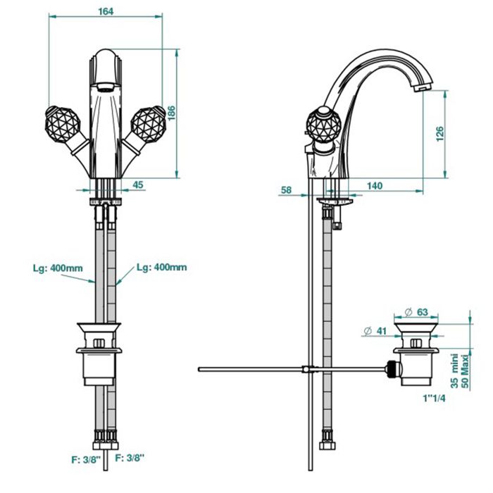 THG MANDARINE CRISTALLIA DIAMANT Смеситель для раковины на 1 отверстие, с донным клапаном, цвет полированное золото