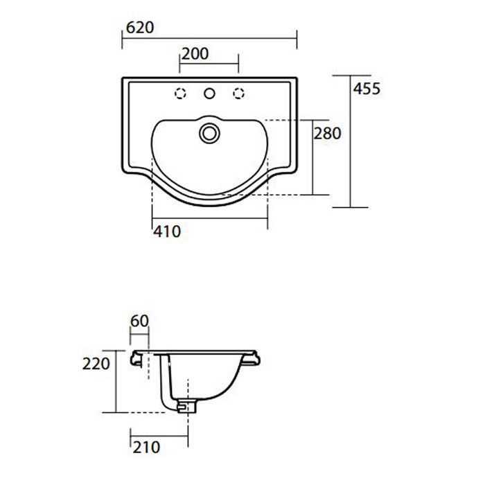KERASAN Retro Раковина встраиваемая 620х455мм , 3 отв. под смеситель, цвет белый