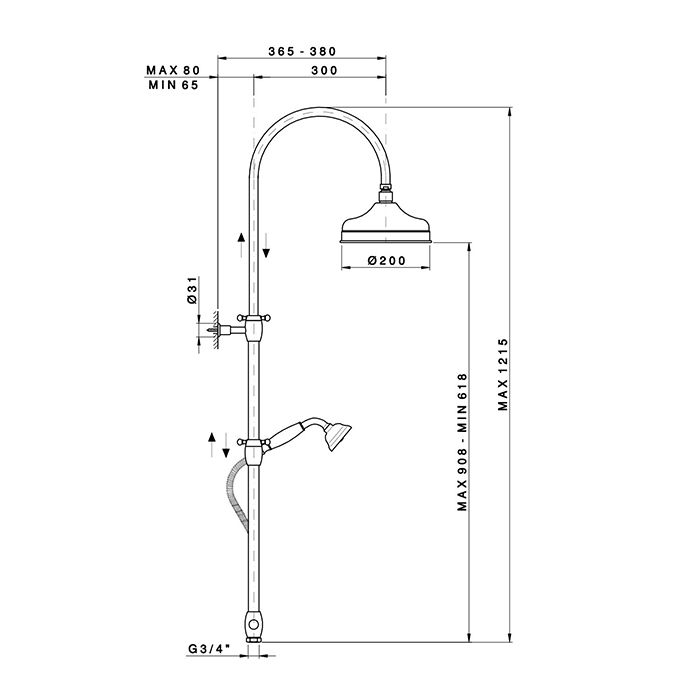 NICOLAZZI DOCCIA Душевая стойка с верхним душем Ø200 мм., переключателем, ручным душем и шлангом, цвет бронза