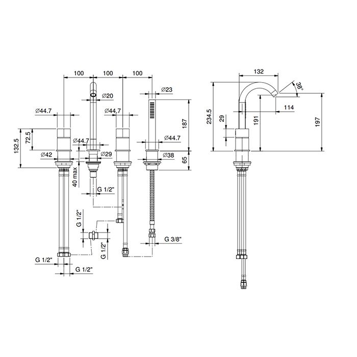 FANTINI AA/27 Смеситель для установки на борт ванны, однорычажный, с изливом и ручным душем, отделка матовая натуральная сталь