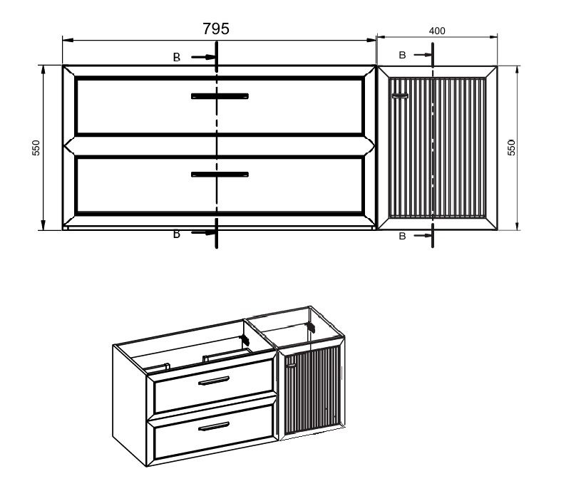 Visobath Delta, комплект: тумба 80см+модуль 40см+раковина левая из мин. литья, цвет кварцевый матовый лак (Quarzo), артикул 76405/77002/84537