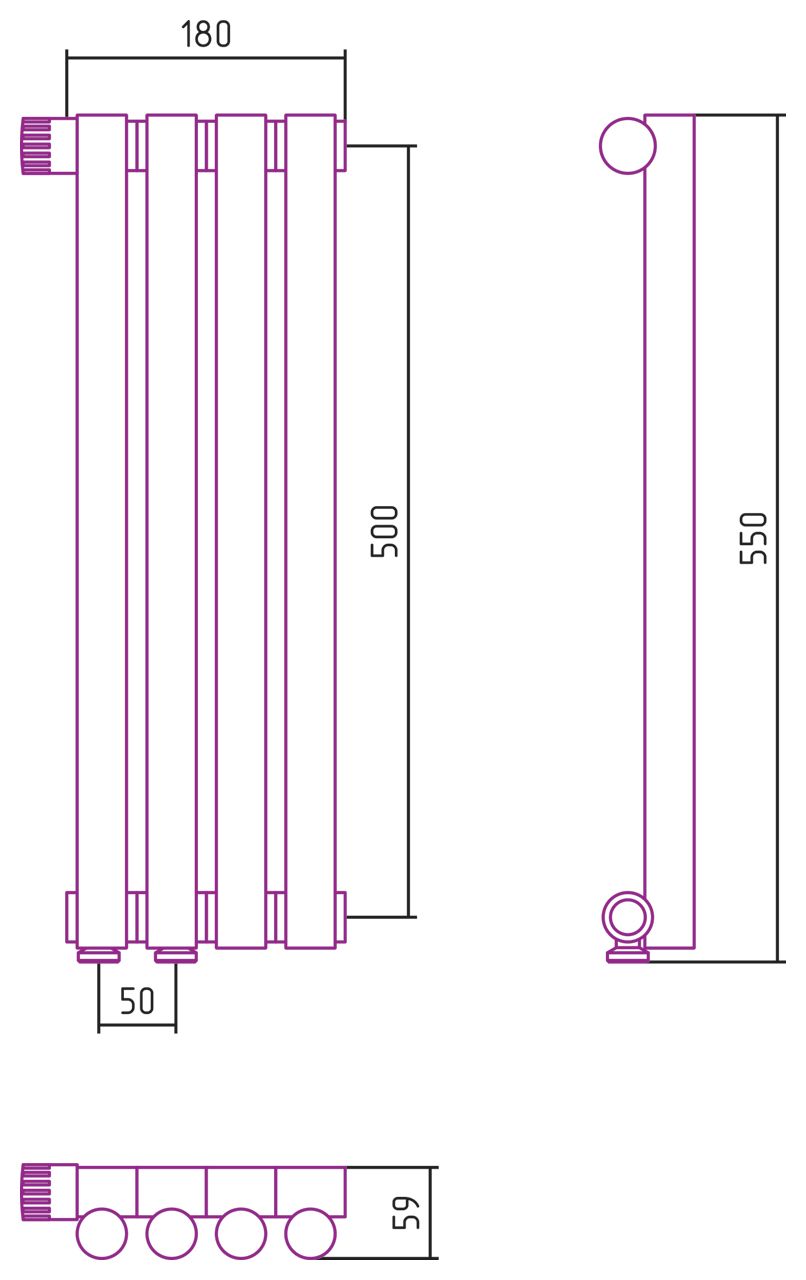 Отопительный радиатор ЭСТЕТ-1 н/ж EU50 левый 500х180 / 4 сек (МУАР Темный Титан)