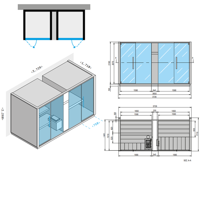 Effegibi Logica SH Сауна & Хаммам система, пристенный 373x171xh226см, отделка: Soft Sand