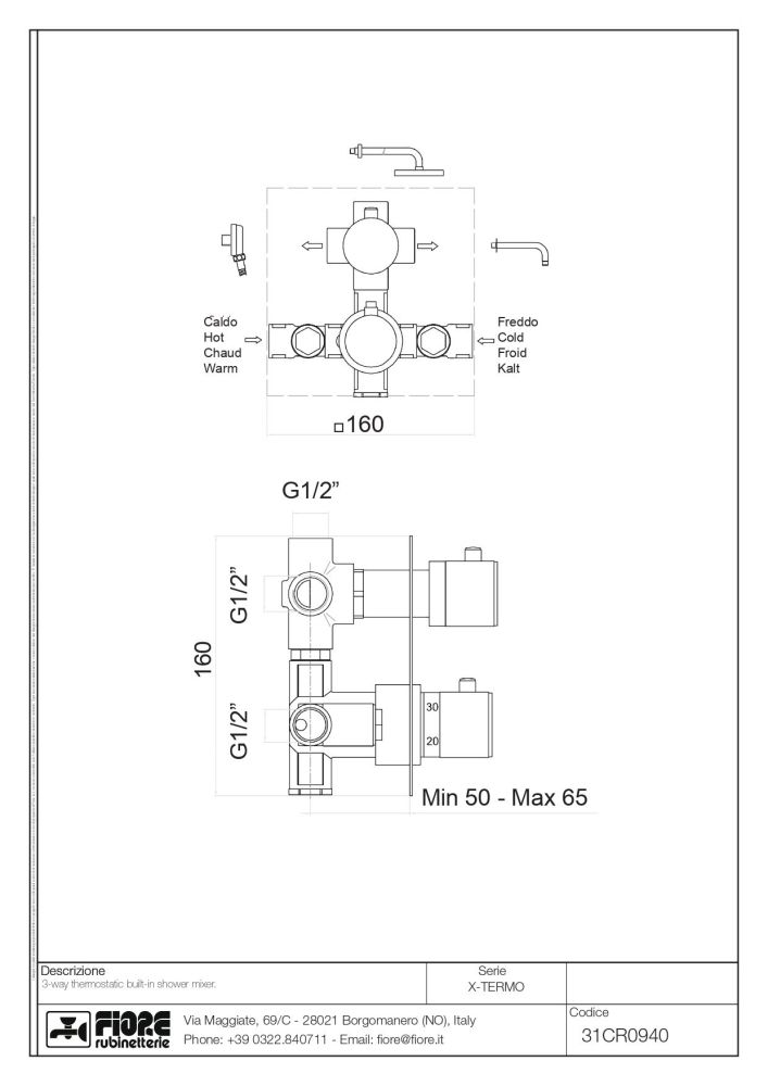 Fiore X-Termo, встраиваемый в стену смеситель для душа на 3 выхода, с термостатом (квадратная панель и круглые ручки), цвет хром, артикул 31CR0940