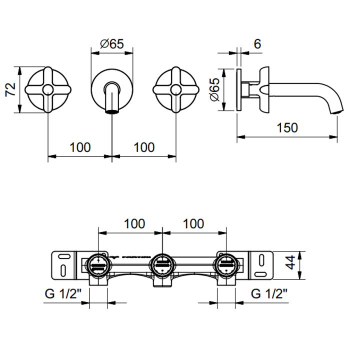 Fantini Icona Classic Смеситель для раковины, встраиваемый, на 3 отв, без донного клапана, излив 150мм (наружняя часть), цвет: хром