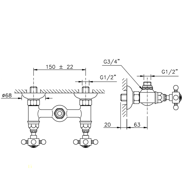 Nicolazzi El Capitan Смеситель для душа на 2 отверстия, вывод сверху 1/2" (без шланга и лейки), цвет: тёмная бронза