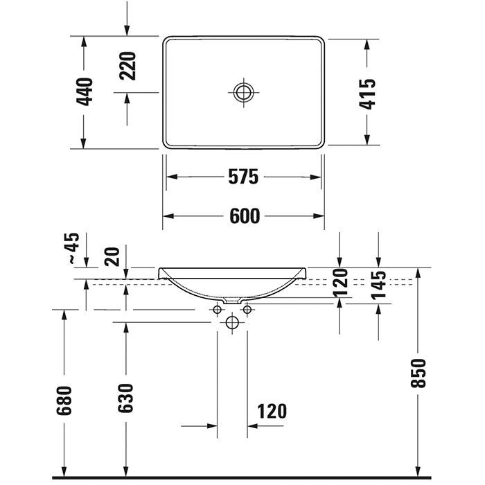 Раковина, Duravit, D-Neo, ширина, мм-600, глубина, мм-435, тип установки-встраиваемый, отверстия для смесителя-отсутствует, перелив-нет, цвет-белый, артикул 0358600079