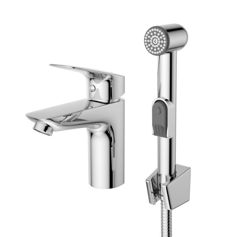 DUE Смеситель для раковины без донного клапана с гигиеническим душем, хром DUE-LVM/HGN-CRM-W0, артикул DUE-LVM/HGN-CRM-W0