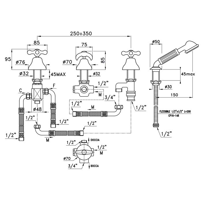 Stella Roma Смеситель на борт ванны на 4 отверстия 3256TRTC/308 без излива, цвет: хром