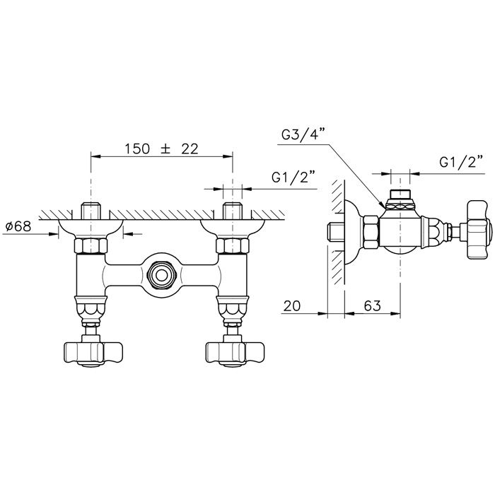 Nicolazzi Dames Anglaises Смеситель для душа на 2 отверстия, вывод сверху 1/2" (без шланга и лейки), цвет: золото