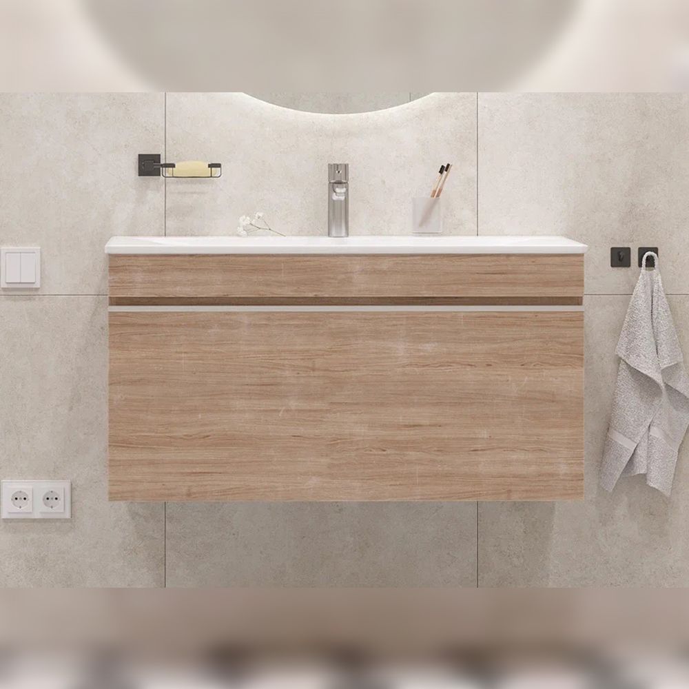 Тумба под раковину подвесная Velvex Pulsus tp.PUL.PUL.100.1Y дуб сонома, 100 см, артикул tp.PUL.PUL.100.1Y дуб сонома