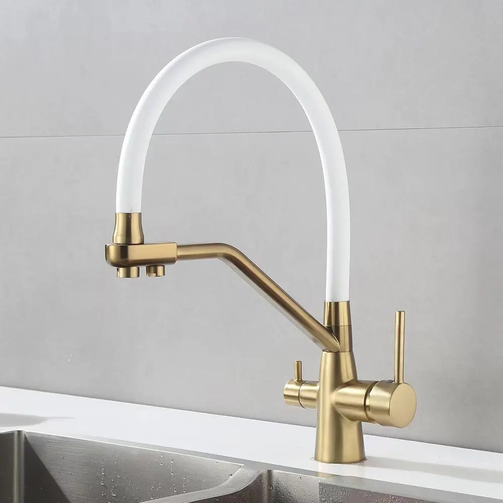 Смеситель для кухни с гибким изливом и подключением фильтра Maretti Eleganza GOLD ENG31RGF13, золотой сатин, артикул ENG31RGF13