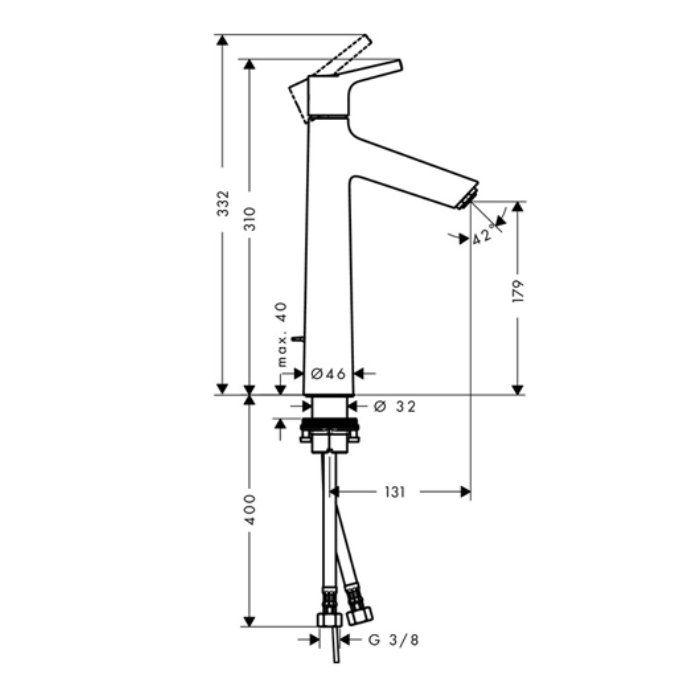 Смеситель для раковины, Hansgrohe, Talis S, тип открывания воды-однорычажный, тип регулирования воды-керамический узел смешивания, отверстия для монтажа-1, высота, мм-332, вынос излива, мм-131, донный клапан-есть, тип подводки-гибкая, цвет-хром Смеситель для раковины, Hansgrohe, Talis S, тип открывания воды-однорычажный, тип регулирования воды-керамический узел смешивания, отверстия для монтажа-1, высота, мм-332, вынос излива, мм-131, донный клапан-есть, тип подводки-гибкая, цвет-хром