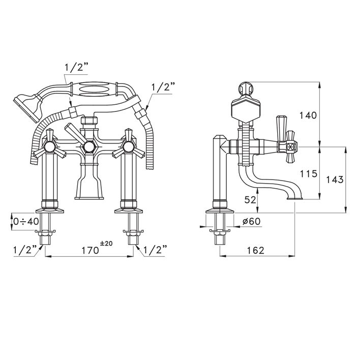 Stella Eccelsa Смеситель на борт ванны на 2 отверстия 3274RG306FB с ручным душем, цвет: золото 24К