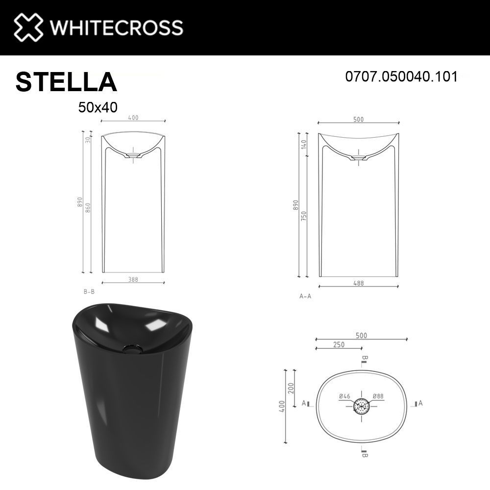 Умывальник WHITECROSS Stella 50x40 (черный глянец) иск. камень Умывальник WHITECROSS Stella 50x40 (черный глянец) иск. камень