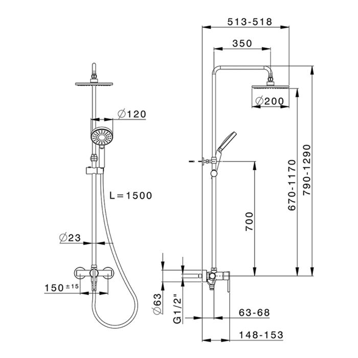 HUBER Valencia Душ система с однорыч смесителем, верхним душем d 20 см и ручной лейкой d12см , H80/180см, цвет хром цена с нашего склада)