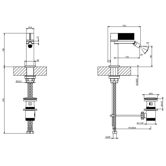 GESSI  INVERSO RIGATO Смеситель для биде с донным клапаном и соединительными шлангами, цвет: Black Metal Brushed PVD