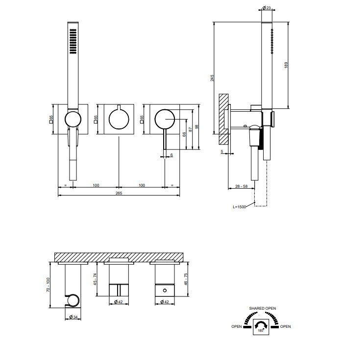 GESSI  INVERSO RIGATO Внешняя часть настенного смесителя для душа на 2 выхода с перекл и ручным душем , цвет: Black Metal Br. PVD