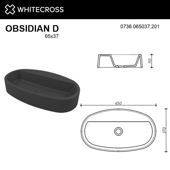 Умывальник WHITECROSS Obsidian D 65x37 (черный мат) иск. камень