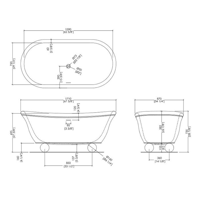 Devon Aurora Bijoux Ванна 171х87хh74 см, отдельностоящая, ножки Sfera - цвет золото светлое, цвет ванны черный глянцевый снаружи и внутри