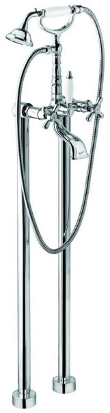 Emmevi Deco Old, двухвентильный напольный смеситель для ванны (излив 12 см), с набором для душа (лейка и дивертер с белой ручкой), цвет хром