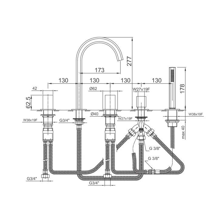 Fantini Venezia Смеситель на борт ванны, 5 отв., с ручн душем, излив 175мм, цвет: Matt Copper PVD