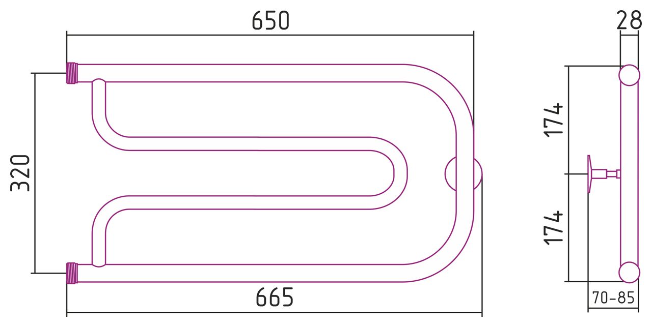Полотенцесушитель "СТИЛЬЕ" ДУЭТ 320х650 резьба-сгон 1" (Без покрытия)