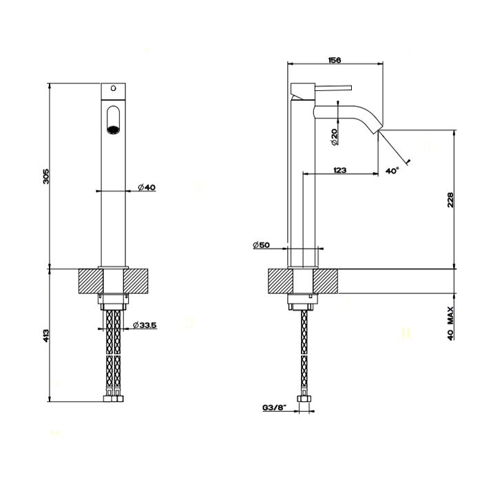 GESSI 316 Смеситель для раковины на 1 отверстие, высокий h=305мм,  без донного клапана, излив 123мм, цвет: steel brushed
