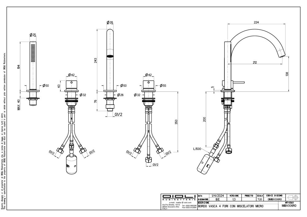 Oioli Micro, комплект однорычажного смесителя на борт ванны (излив 21.2 см), на 4 отверстия, цвет хром, артикул MIBV006RO/C00