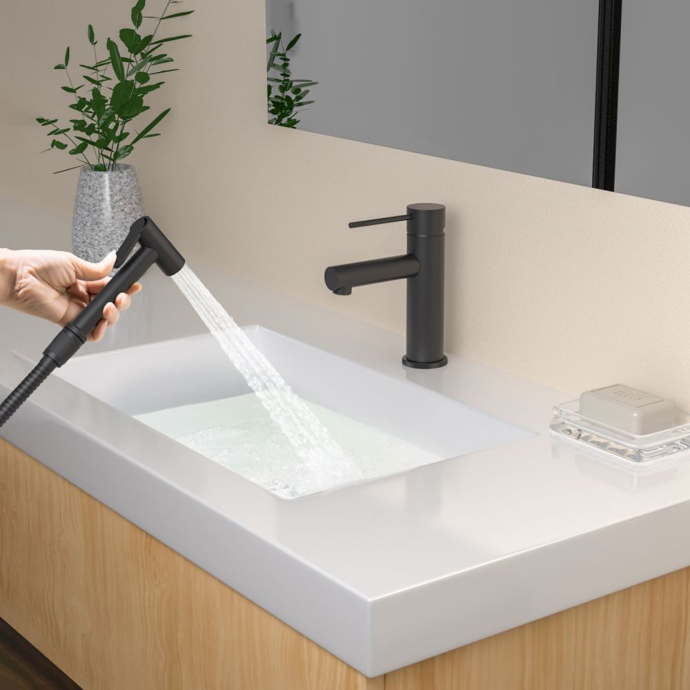 Смеситель для раковины с гигиеническим душем Timo Saona черный (2360/03G), артикул 2360/03G