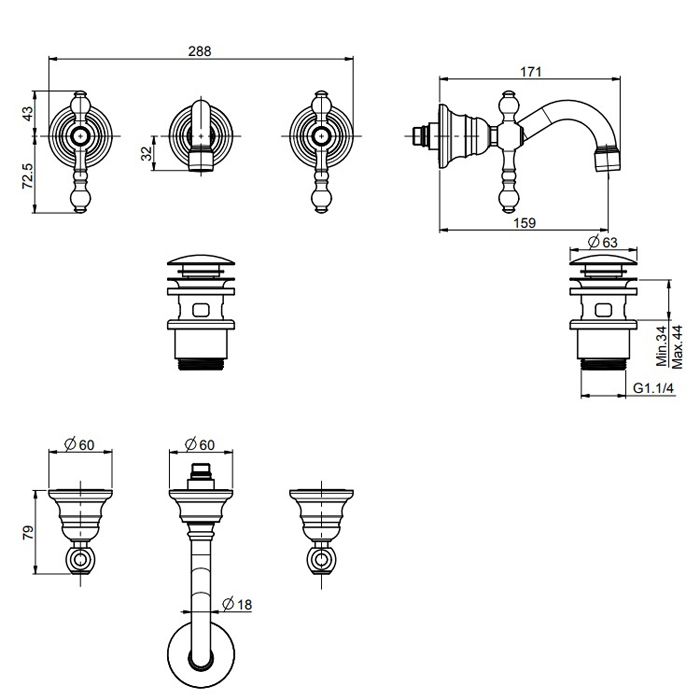 FIMA|Carlo Frattini Epoque Смеситель для раковины настенный, на 3 отверстия, излив 160 мм., внешняя часть, с донным клапаном click-clack, цвет хром