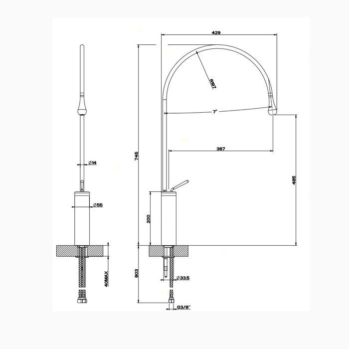 Gessi Goccia Смеситель для раковины на 1 отверстие, высокий, излив 387мм R=197, цвет: хром