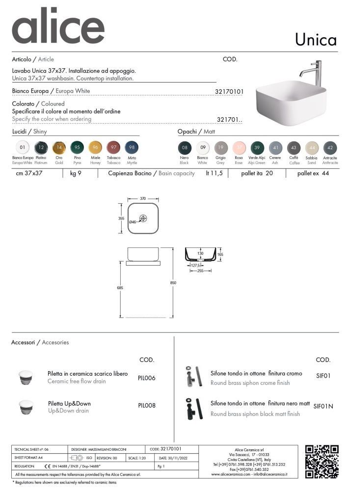 Alice Unica, накладная квадратная раковина 37х37х16,5h см, цвет белый глянцевый, артикул 32170101