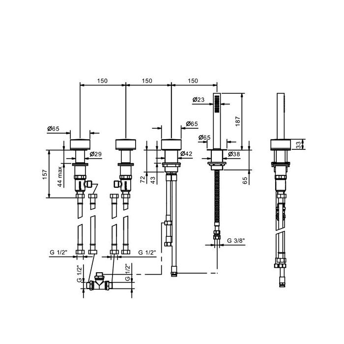 Fantini Nice Смеситель на борт ванны, на 2 источника, 4 отв., без излива, с ручн душем, цвет: хром