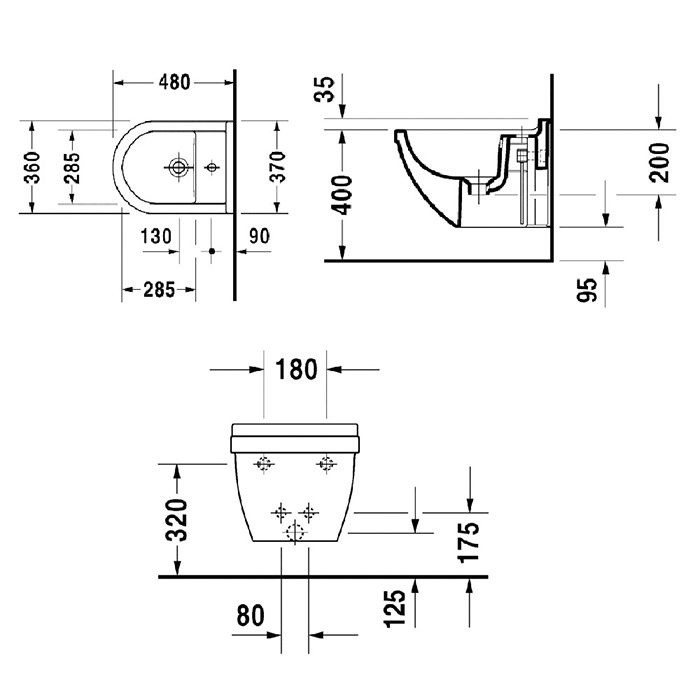 Duravit Starck 3 Биде подвесное 475х360 мм, с 1 отв под смеситель, крепления Durafix, (без инсталл крепление 006500), цвет белый