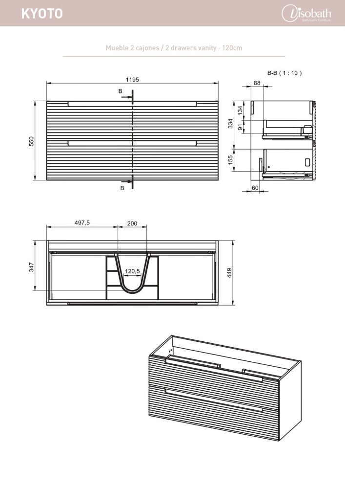 Visobath Kyoto, тумба 120 см, 2 ящика cо скрытыми ручками, цвет кварцевый матовый лак (Quarzo), артикул 77877/Quarzo