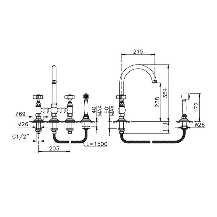 NICOLAZZI EL CAPITAN Смеситель для кухни на 4 отверстия, с вытяжным ручным душем, цвет Gold