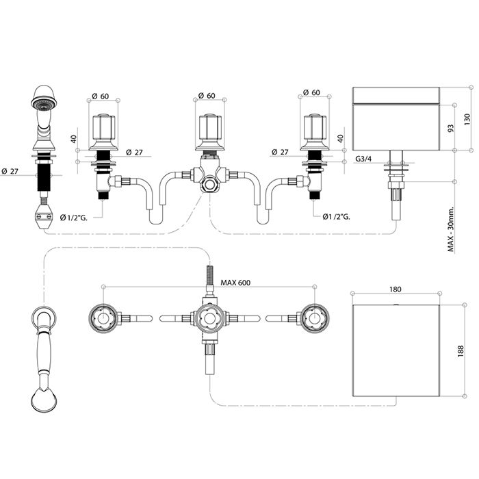 Bongio Fleur Blanc Смеситель на борт ванны (5 отв.) излив-водопад с ручным душем, цвет хром/белый фарфор
