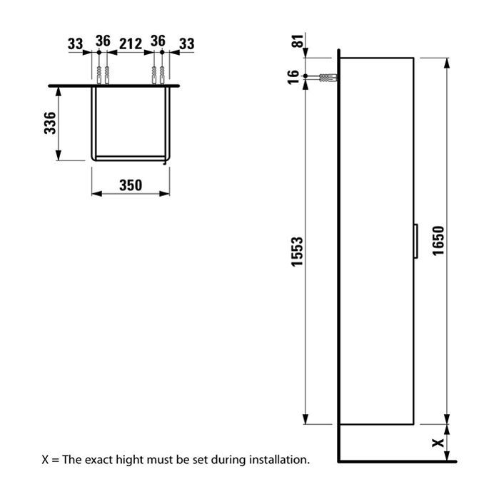 Шкаф-пенал, Laufen, Base, ширина, мм-350, глубина, мм-335, высота, мм-1650, тип установки-подвесной, дверцы-1, петли-слева, материал корпуса-МДФ, материал фасада-МДФ, 1 фиксированная полка, 4 стеклянные полки, цвет-темный вяз, артикул 4.0267.1.110.263.1