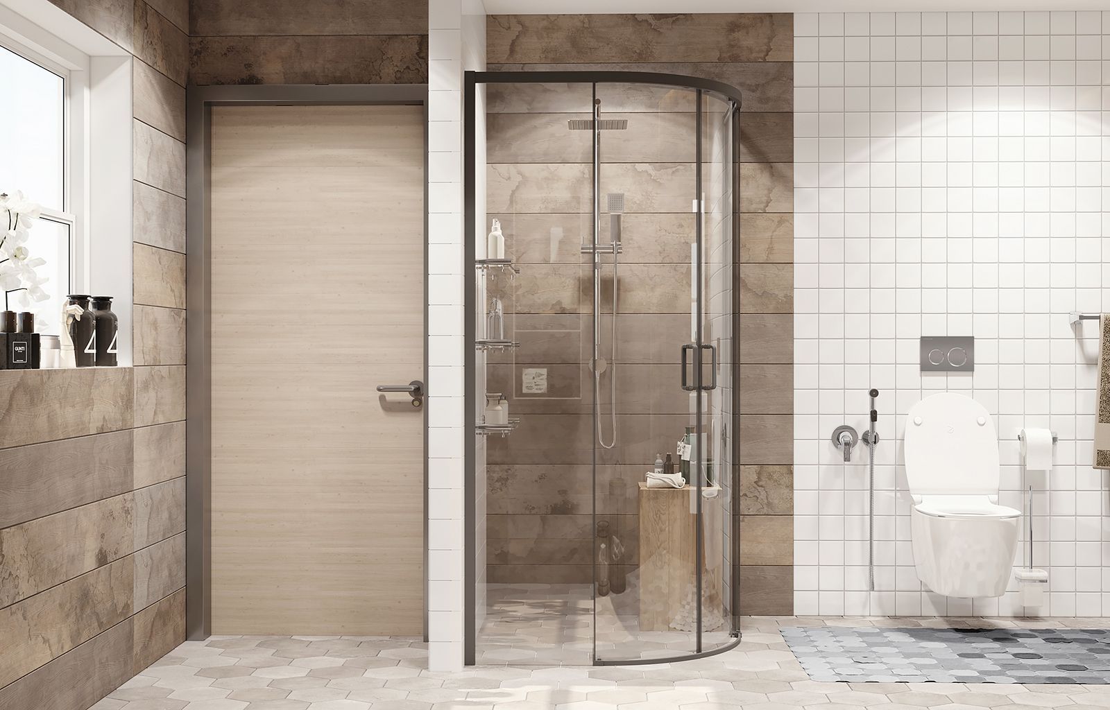 Душевой уголок Ambassador Queen Black 11011202-ST11, полукруглый, линейный трап, 100х100