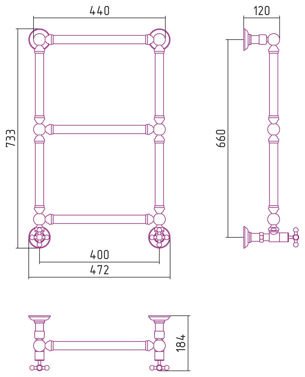 Полотенцесушитель водяной "Ренессанс 1304" 660х400 (Состаренная БРОНЗА)