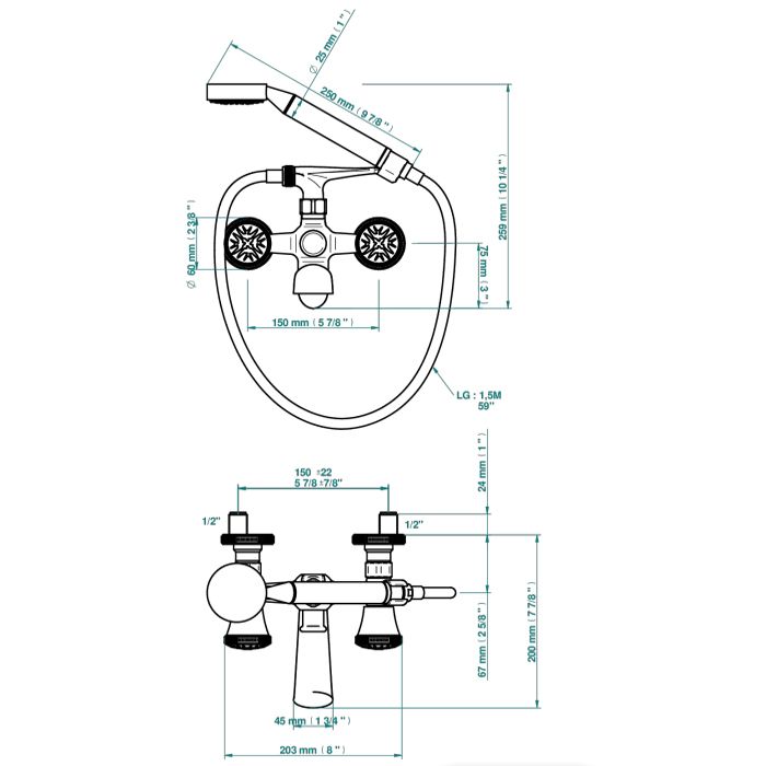 THG HIRONDELLES PLATINUM STAMPED Смеситель для ванны, настенный, с ручным душем, цвет Gold color PVD