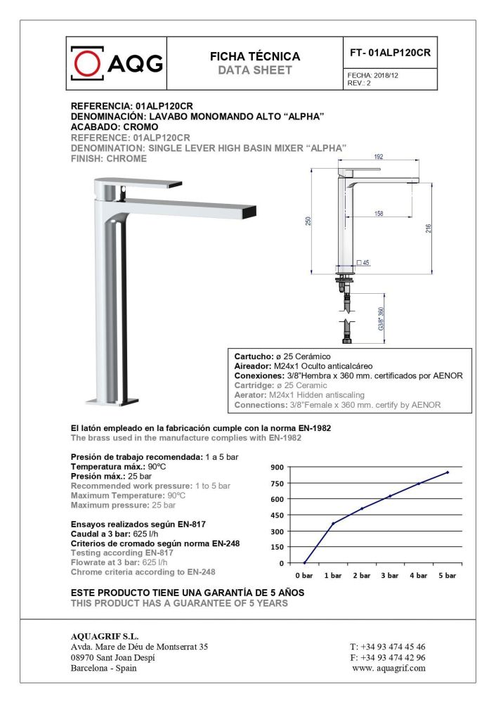 AQG Alpha, высокий однорычажный смеситель для раковины без донного клапана, цвет хром, артикул 01ALP120CR