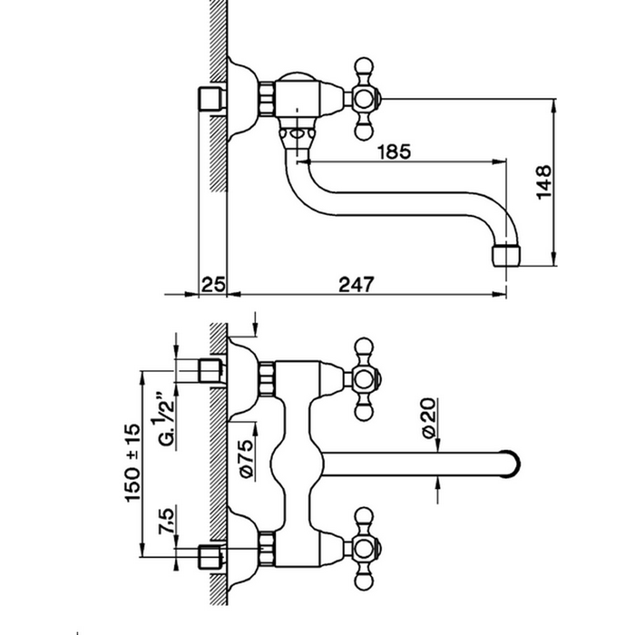 CISAL Кухонные смесители Смеситель двухвентильный настенный для кухни,с поворотным изливом 247 мм, цвет хром