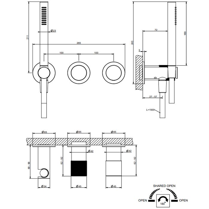 GESSI HABITO DIAMANTATO Смеситель настенный встраиваемый, однорыч/, с перкл/на 2 по/, с ручным душем, настенным держателем,цвет Finox Brushed Nickel