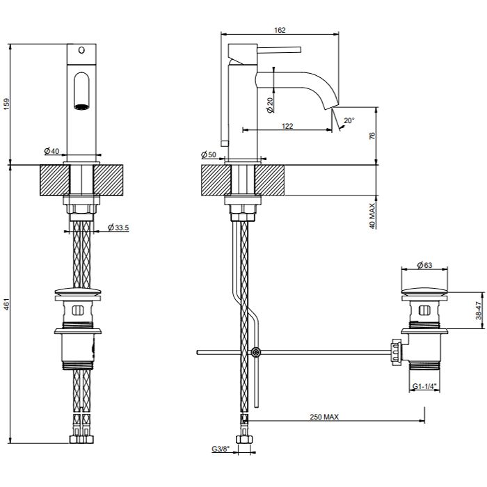 GESSI 316 Смеситель для раковины на 1 отверстие с донным клапаном, излив 123мм, цвет: Black XL