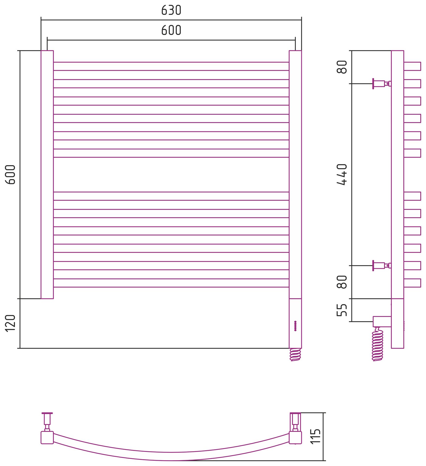 Полотенцесушитель электрический АРКУС 3.0 600х600 МЭМ правый (Без покрытия)