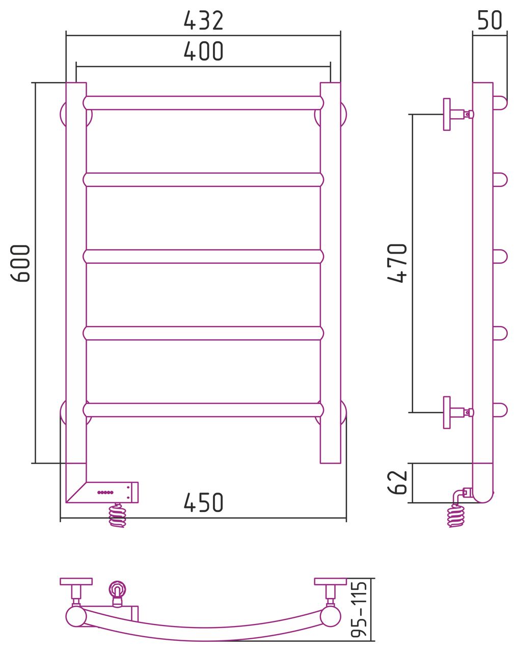 Полотенцесушитель электрический "ГАЛАНТ 2.0" 600х400 / МЭМ левый (Без покрытия)