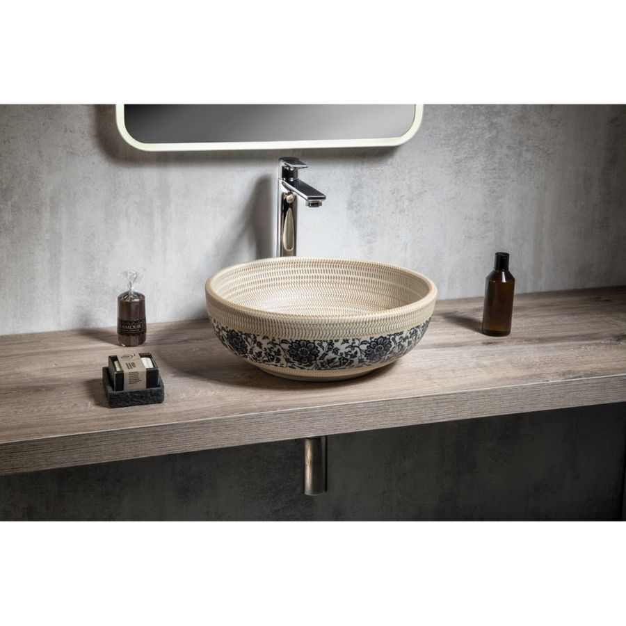 Керамическая раковина-чаша ALAVERA PRIORI на столешницу, d41 см, высота 15 см, бежевый/синий, Sapho